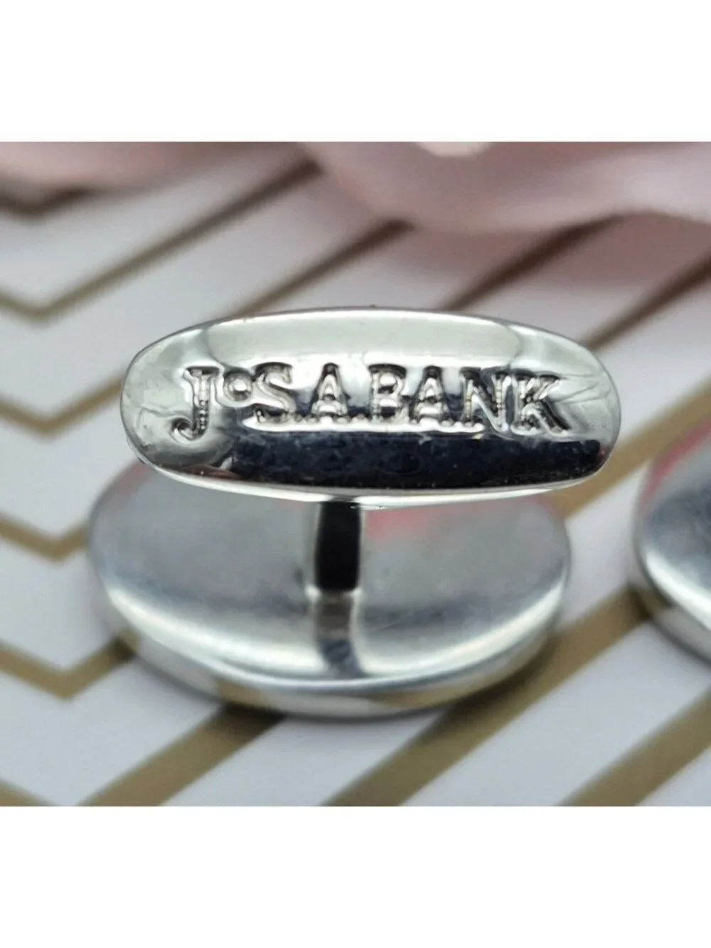 Jos A. Bank Mens Silver Tone Cufflinks Striped Red & Black Oval Design